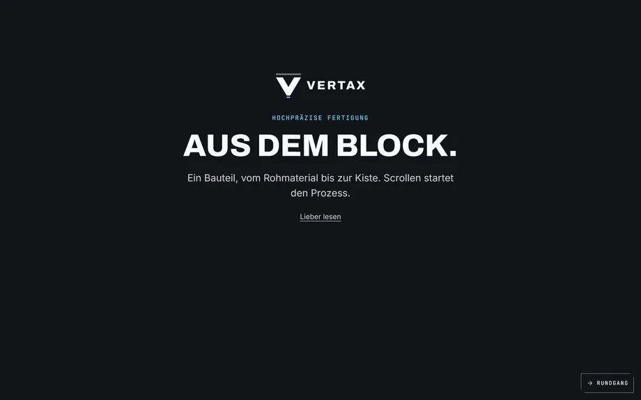 VERTAX Industries — Industrieseite mit Scroll-Film und Assistent — Desktop